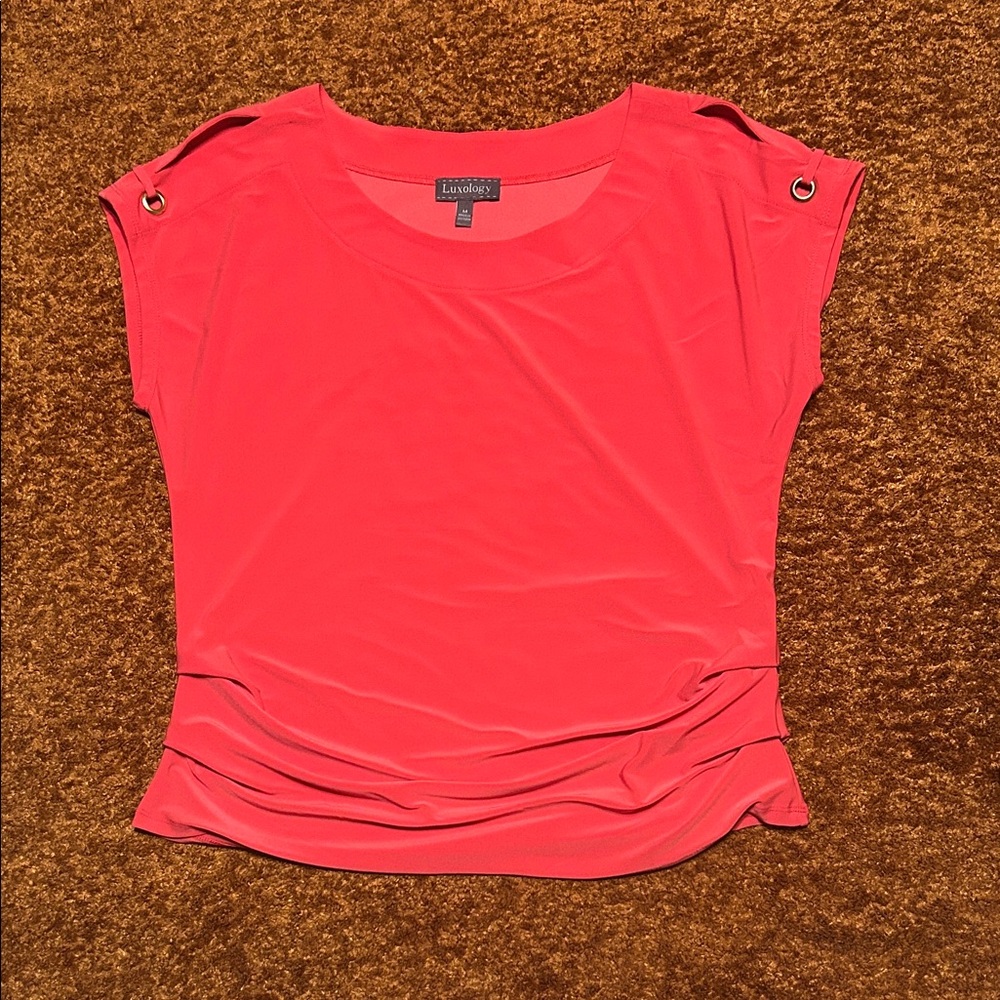 Luxology Coral Red Short Sleeve Scoop Neck Top with Grommet Detail.  (136)